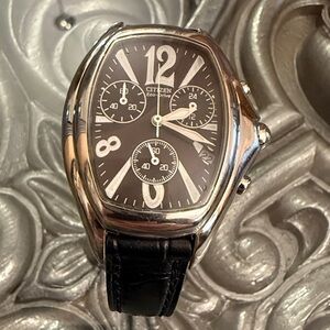 Citizen Eco-Drive Chronograph H500-S016665 Oval Case Black Leather Strap Watch